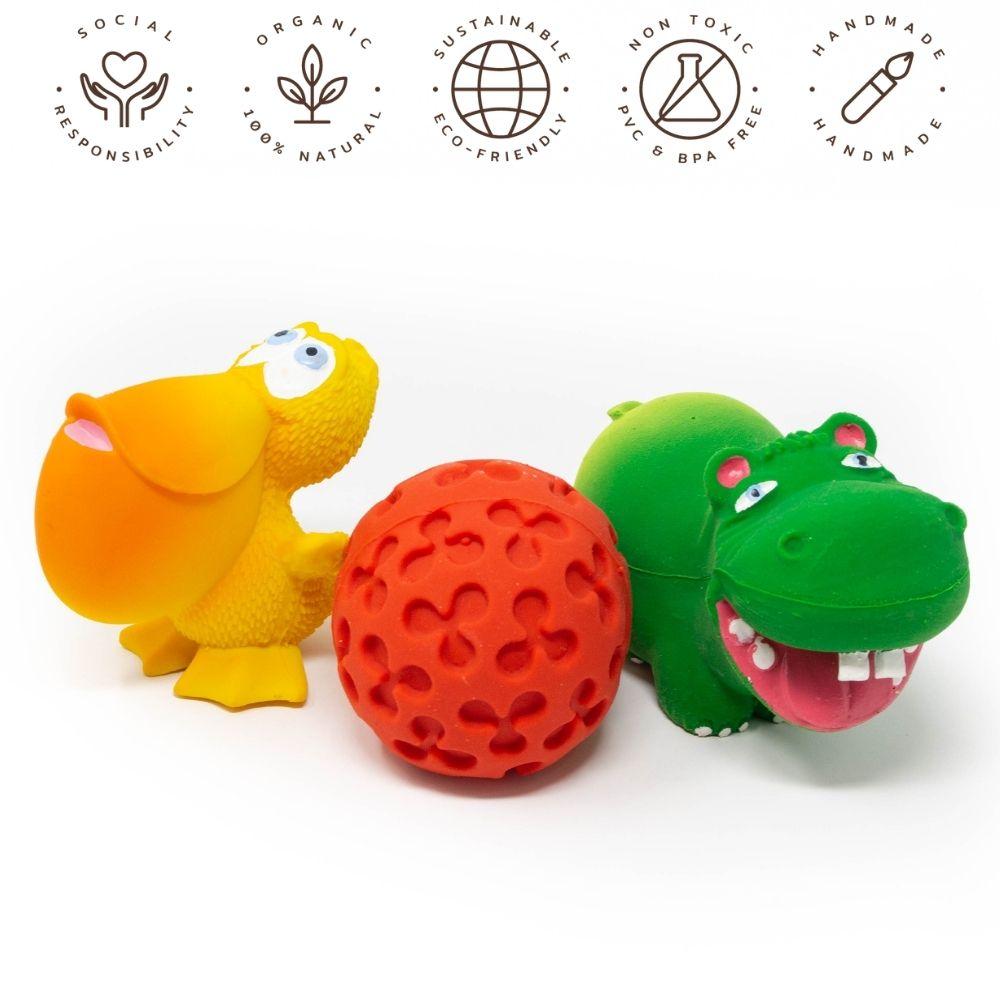 Hippo, Clover the Ball and Pelican Pet Set - Natural rubber Pet Toys