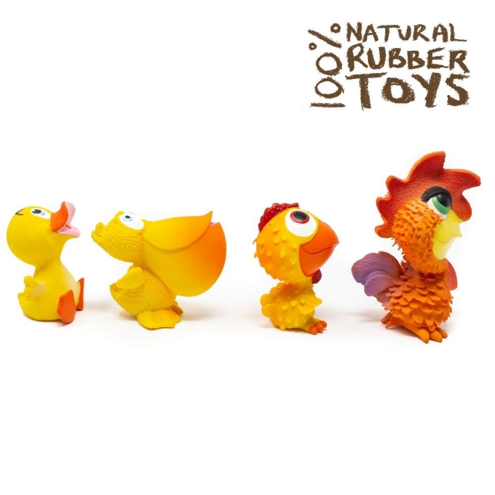 Bird Dance Pet 4-Set (Pelican, cockerel, chick & sitting duck) - Natural rubber Pet Toys