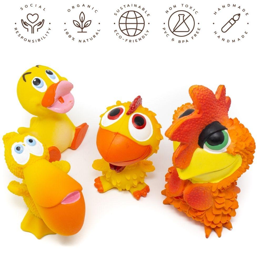 Bird Dance Pet 4-Set (Pelican, cockerel, chick & sitting duck) - Natural rubber Pet Toys