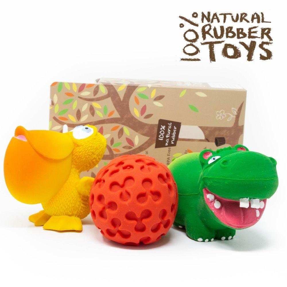 Hippo, Clover the Ball and Pelican Pet Set - Natural rubber Pet Toys